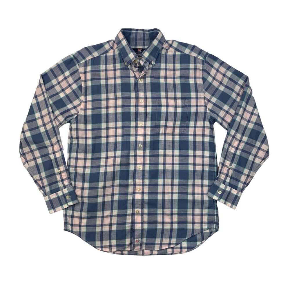 Vineyard Vines Shirt Mens Medium Blue White Classic Fit Murray Plaid Linen Blend - Picture 1 of 10